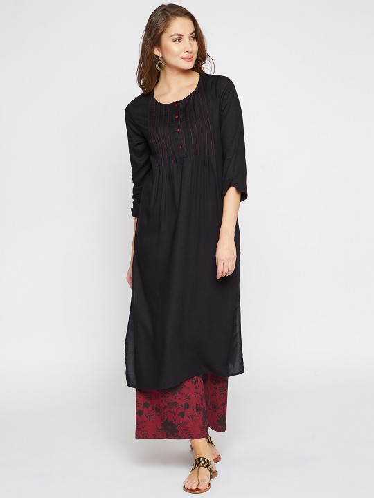 Women Black & Maroon Solid Kurta with Palazzos S