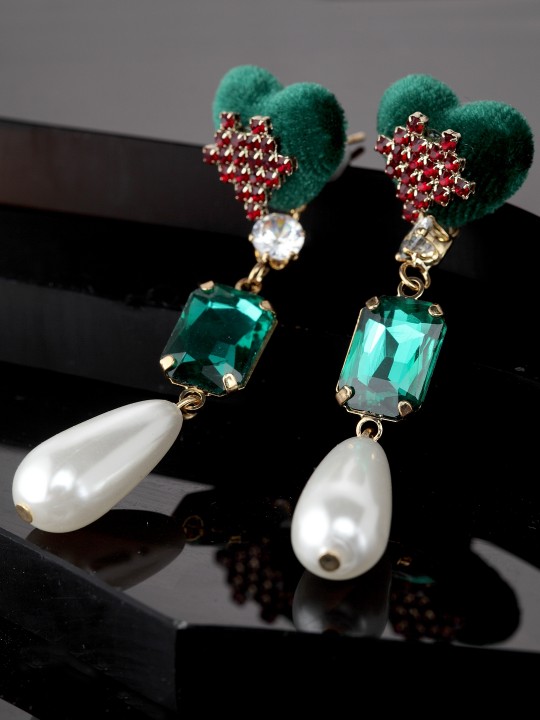 Green & Off-White Teardrop Shaped Drop Earrings