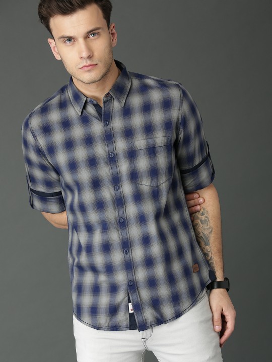 Men Navy Blue & Grey Regular Fit Checked Casual Shirt 38