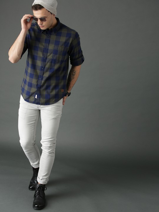 Men Navy Blue & Olive Green Regular Fit Checked Casual Shirt 38