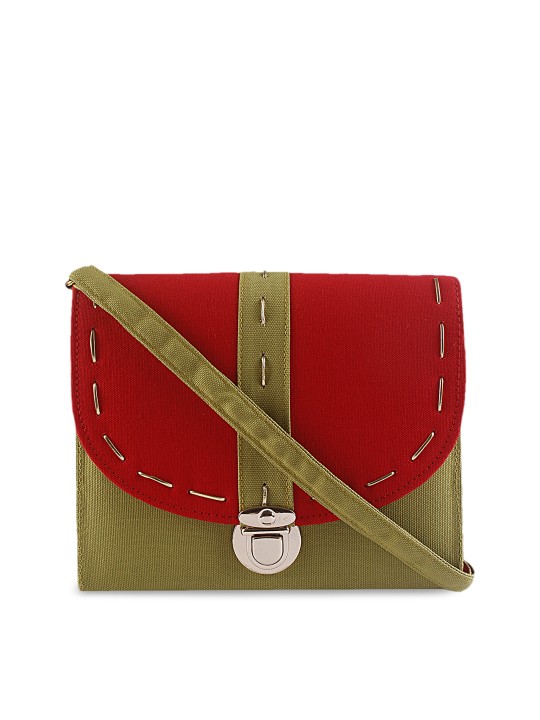 Red & Olive Green Colourblocked Sling Bag