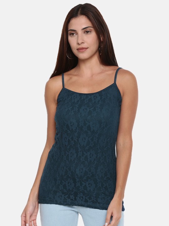Women Teal Blue Lace Longline Self Design Top XS