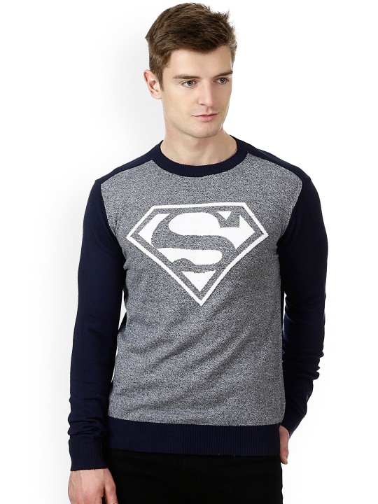 Men Grey & Navy Blue Superman Printed Pullover S