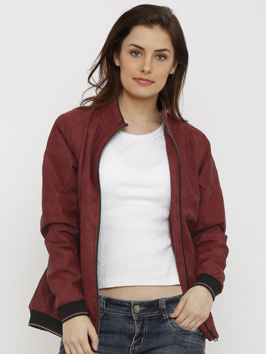 Women Maroon Solid Leather Bomber M