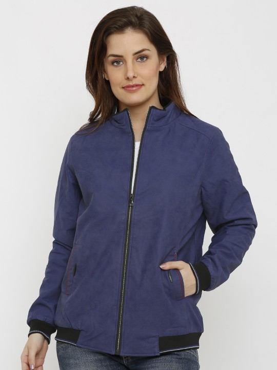 Women Navy Blue Solid Leather Bomber M