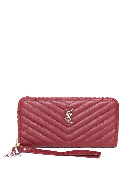 Women Maroon Quilted Solid Zip Around Wallet