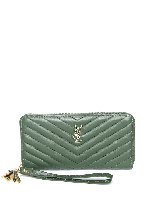 Women Green Quilted Solid Zip Around Wallet