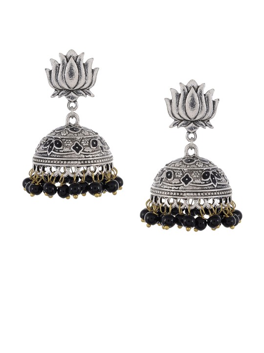 Silver-Toned & Black Circular Jhumkas