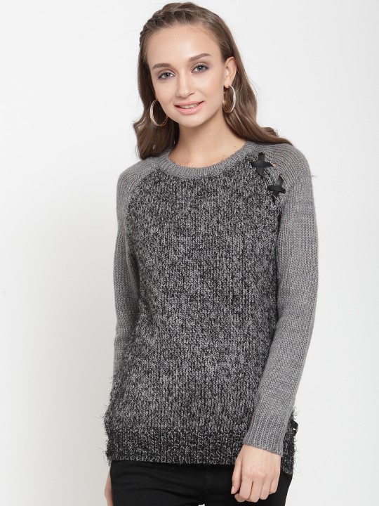 Women Black & Grey Solid Pullover S