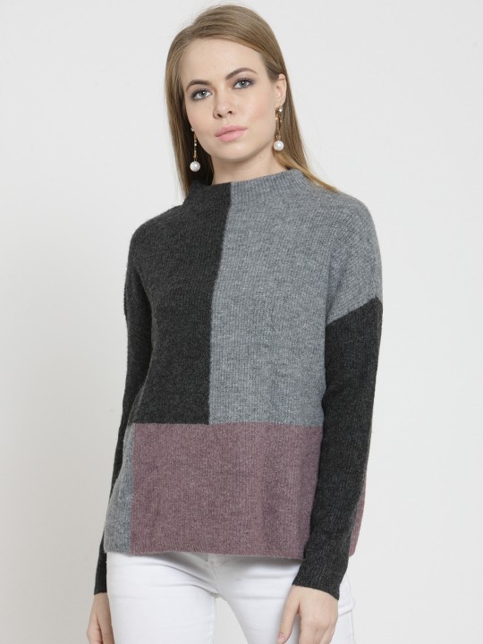 Women Purple & Black Colourblocked Pullover S
