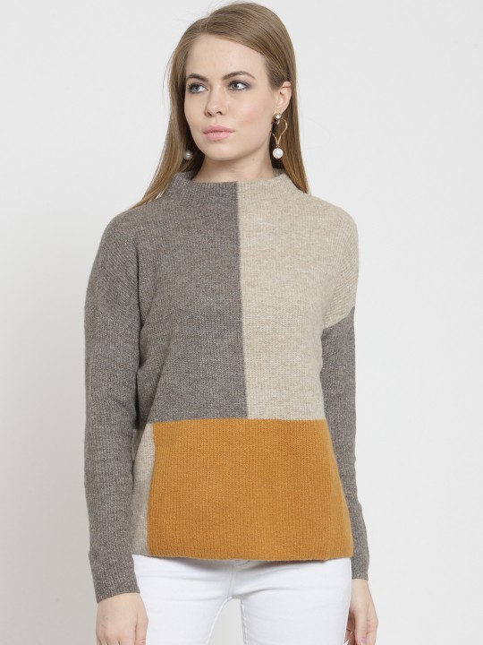 Women Mustard & Cream-Coloured Colourblocked Pullover S