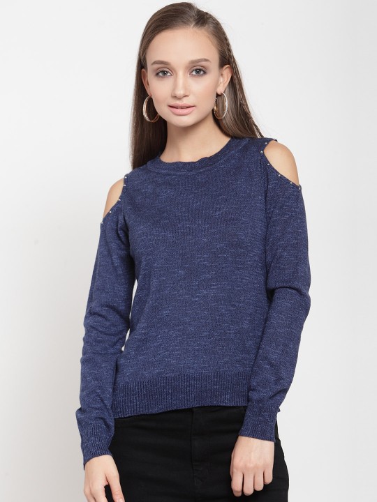 Women Navy Blue Solid Pullover XS