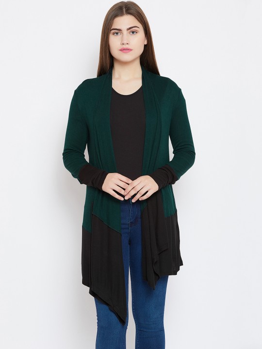 Green & Black Colourblocked Open Front Shrug XS