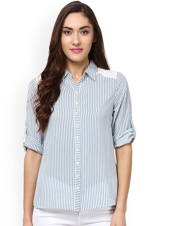Women Blue Striped Shirt Style Top S