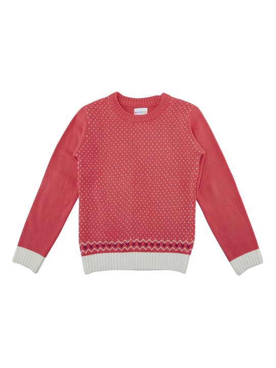 Girls Coral Pink Woven Design Pullover 7-8Y
