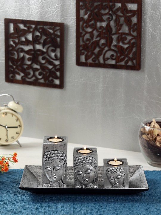 Set of 3 Grey Textured Candle Holders