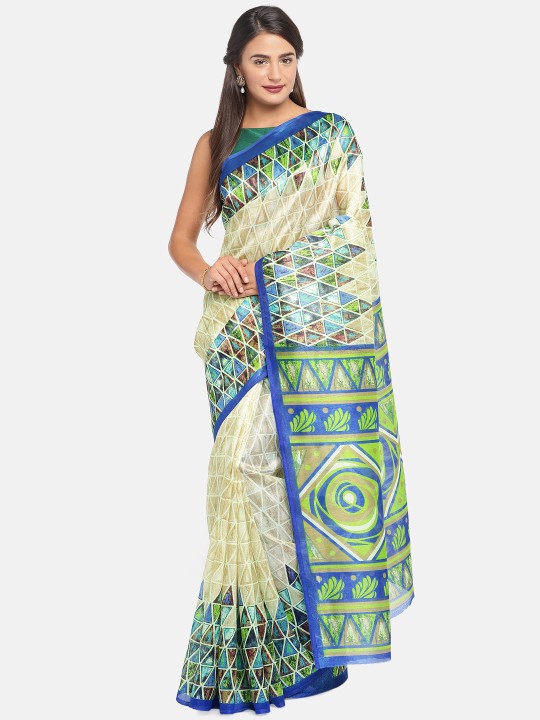 Blue & Cream-Coloured Silk Blend Solid Saree