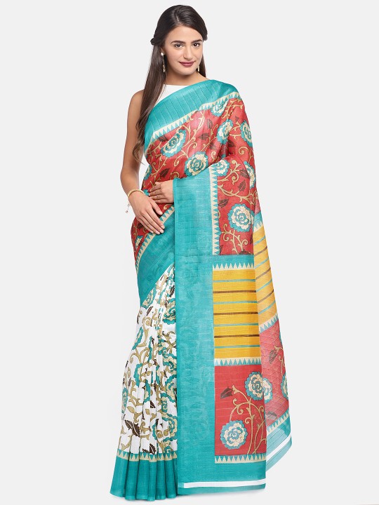 Turquoise Blue Printed Silk Blend Saree