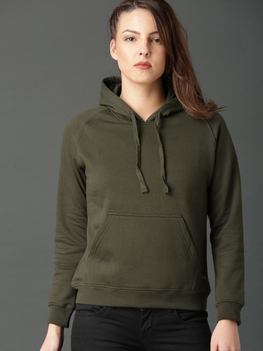 Roadster Women Olive Green Solid Hooded Sweatshirt