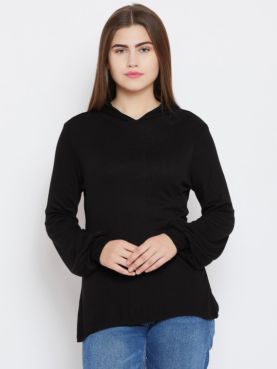 Women Black Solid Hooded Sweatshirt S