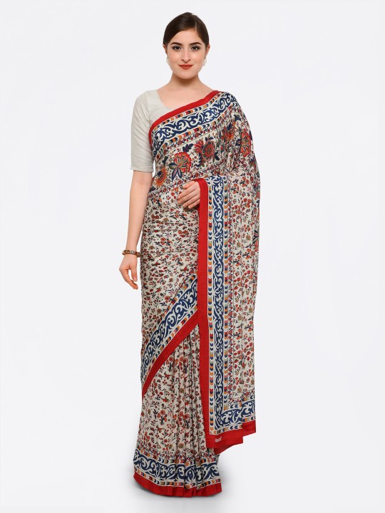 White & Red Poly Crepe Printed Saree