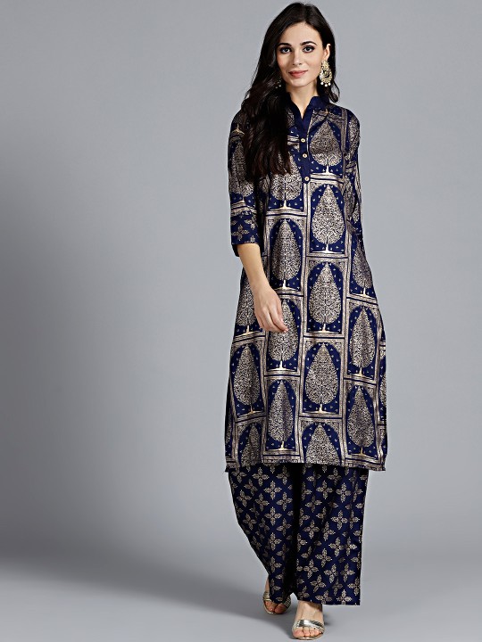 Women Navy & Golden Made to Measure Foil Print Kurta with Palazzos 34/45