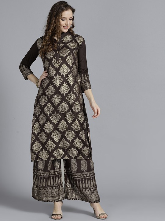 Women Brown & Golden Made to Measure Foil Print Kurta with Palazzos 34/44