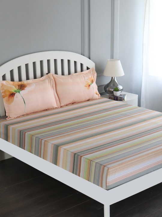 Multicoloured Striped Flat 150 TC Cotton 1 King Bedsheet with 2 Pillow Covers