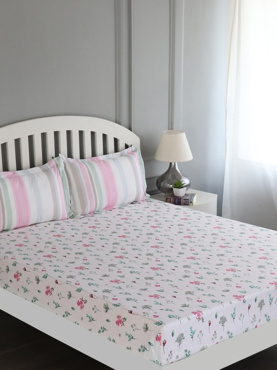 White Floral Flat 150 TC Cotton 1 King Bedsheet with 2 Pillow Covers