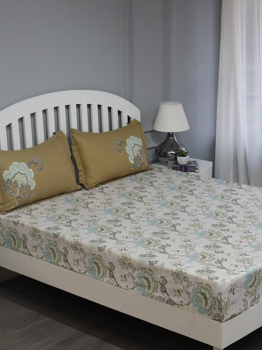 White & Beige Floral Flat 180 TC Cotton Extra Large Bedsheet with 2 Pillow Covers
