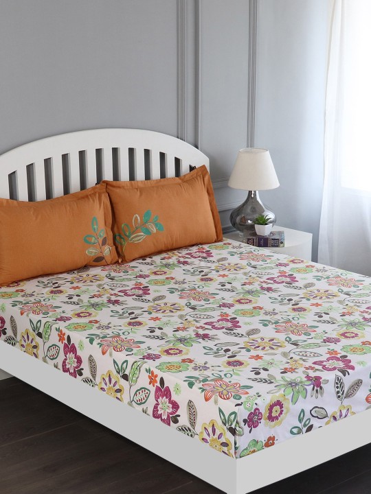 Multicoloured Floral Flat 150 TC Cotton 1 King Bedsheet with 2 Pillow Covers
