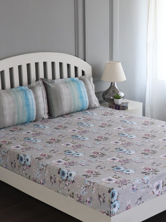 Grey & Blue Floral Flat 180 TC Cotton King Bedsheet with 2 Pillow Covers