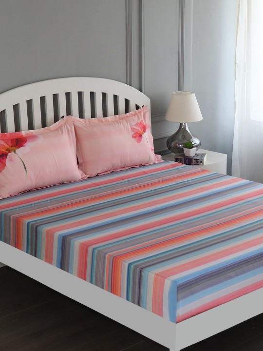 Multicoloured Striped Flat 150 TC Cotton 1 King Bedsheet with 2 Pillow Covers