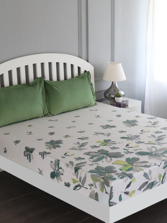 White & Green Floral Flat 180 TC Cotton Extra Large Bedsheet with 2 Pillow Covers