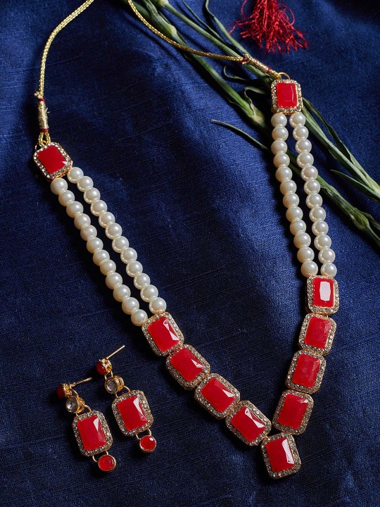 Women Red & White Pearl Beaded Handcrafted Jewellery Set