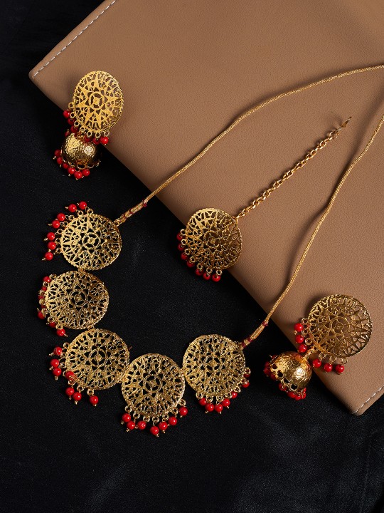 Women Gold-Toned & Red Handcrafted Jewellery Set