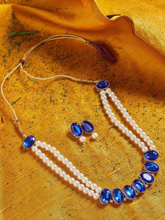 Women Blue & White Pearl Beaded Handcrafted Jewellery Set