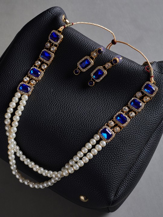 Women Blue & White Pearl Beaded Handcrafted Jewellery Set
