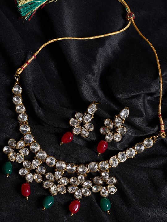 Women White & Green Crystal Embellished Handcrafted Jewellery Set