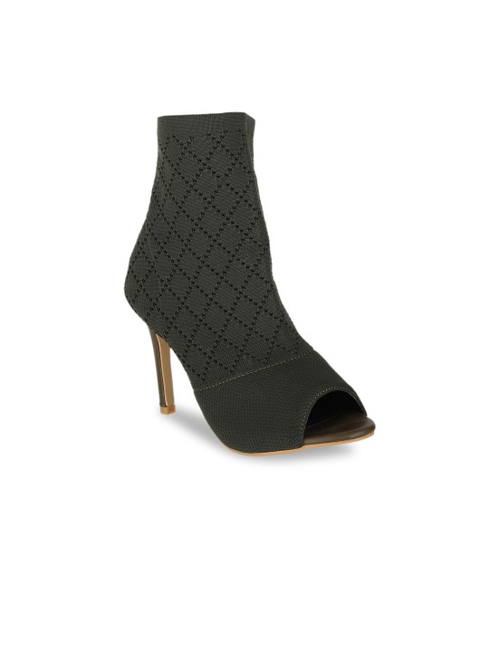 Women Green Woven Design Heeled Boots