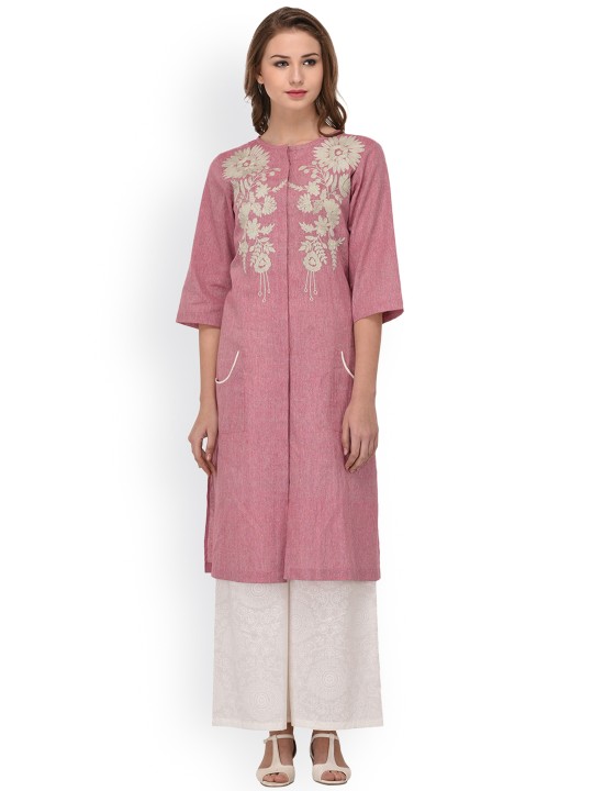 Women Pink Embroidered Straight Kurta S