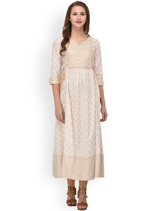 Women Off-White & Gold-Coloured Printed Anarkali Kurta S