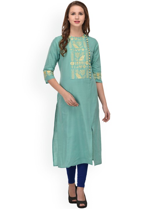 Women Sea Green Embroidered Straight Kurta S