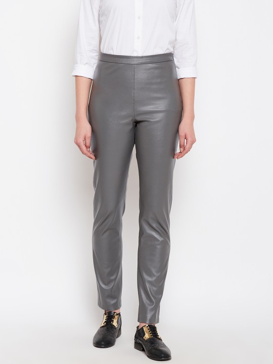 Women Grey Regular Fit Solid Regular Trousers 28