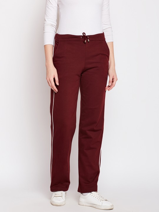 Women Maroon Regular Fit Solid Regular Trousers 28