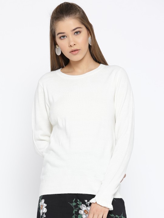 Women White Solid Pullover S