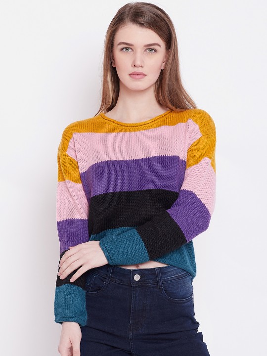 Women Multicoloured Striped Crop Pullover XS