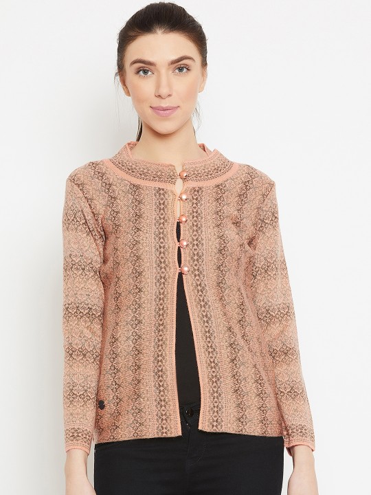 Women Peach-Coloured & Olive Green Self Design Cardigan XXL