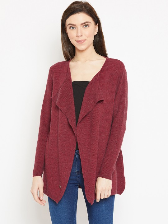 Women Maroon Solid Front-Open Sweater S