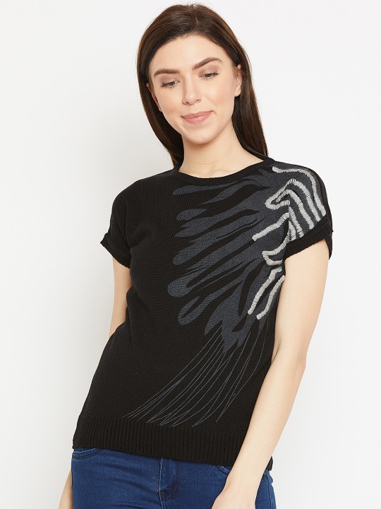 Women Black & Charcoal Grey Printed Pullover S